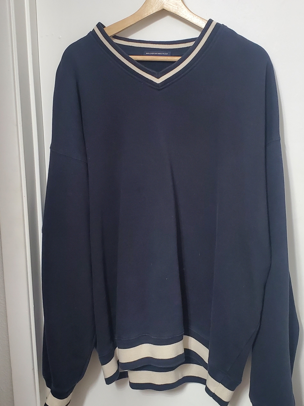 Brandy Melville Navy V-Neck Sweatshirt with Cream Stripe Trim